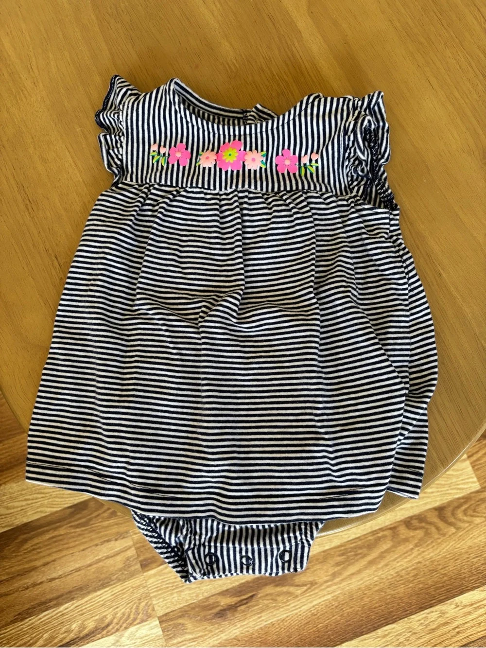 Striped Navy & White Kids Dress with Pink Floral Trim